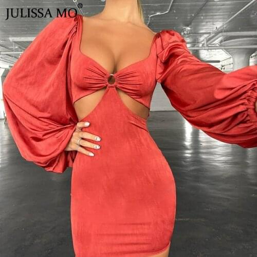 JULISSA MO Fashion Lantern Sleeve Mini Bodycon Dresses for Women Summer Hollow Out Slim Dress Ladies Sexy Party Vestidos 2021