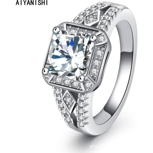 AIYANISHI High Quality 925 Sterling Silver Wedding Ring Halo Princess Cut Finger Rings for Women Silver Engagement Jewelry Gifts