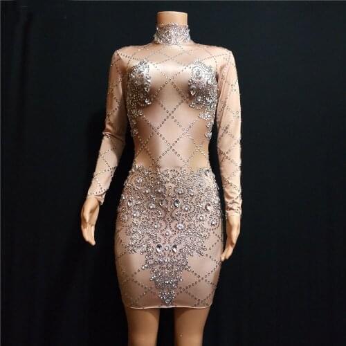 Elastic rhinestone Printed Pearls Spandex Dress Women Birthday Celebrate Dress DJ Singer Dance Evening Wear Nightclub Show Wear