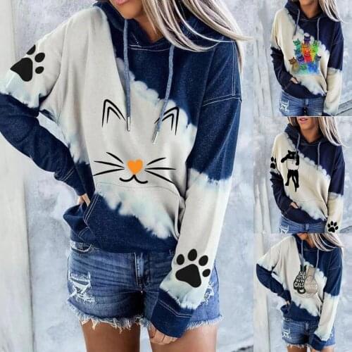 2020 Autumn Winter Women Hoodies Long Sleeve Color Block Cat Print Pockets Fashion Hoody Casual Loose Sweatshirt Hoodies Moletom