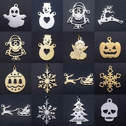 5pcs/lot Christmas Tree Santa Claus DIY Charms Wholesale 100% Stainless Steel Halloween Ghost Pumpkin Skull Connectors Charm