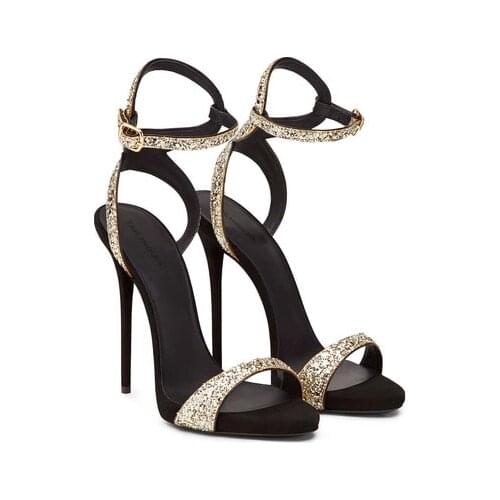 Designer High Quality Leather Narrow Band Ladies High Heels Banquet Sandals Sequins Wedding Dress Sandalias Shoes Women Big Size