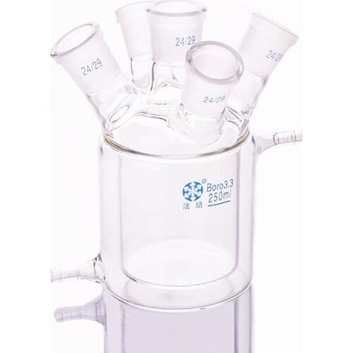 Double-deck cylindrical Five-necked flat bottom flask,Capacity 250ml,Joint 24/29,Mezzanine jacketed reactor bottle