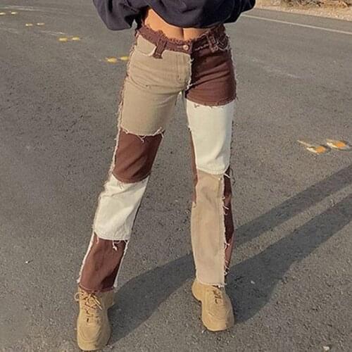 New Autumn Brown Cowgirl Striped Stitching Jeans Street Casual Hip-hop High Waist Loose Straight Jeans Women Fashion Pants