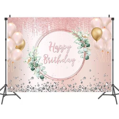 Happy Birthday Floral Circle Decoration Pink Glitter Tassel Photo Background Balloons Diamond Sweet 15 16 Backdrops Photography