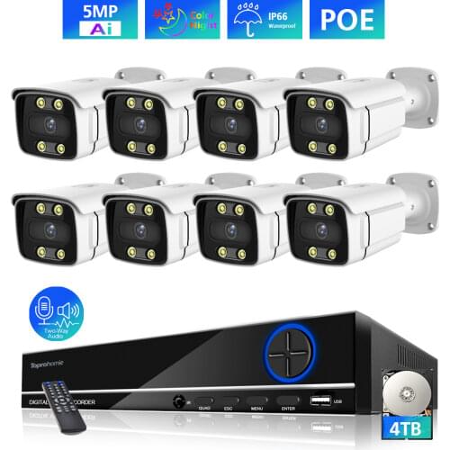 TOPROHOMIE 4CH 8CH POE NVR Kit 5MP Ai Color Night Two Way Audio Waterproof IP Camera 8CH Security Camera Surveillance System