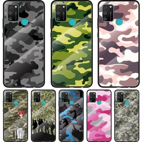 Camouflage Art Tempered Glass Cover For Honor 30 20 10 9X 8X Pro Plus Lite Silicone Phone Case Coque