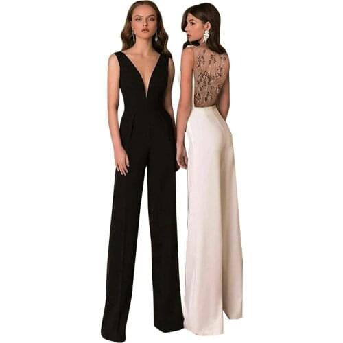 Sexy Lace Backless Jumpsuits Women Deep V Neck High Waist Long Rompers 2021 Summer Sleeveless Elegant Overalls Female LD2104