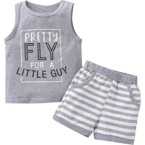 Kids Baby Boys Fashion 2-piece Outfit Set Sleeveless Letter Print Tops+Striped Shorts Set