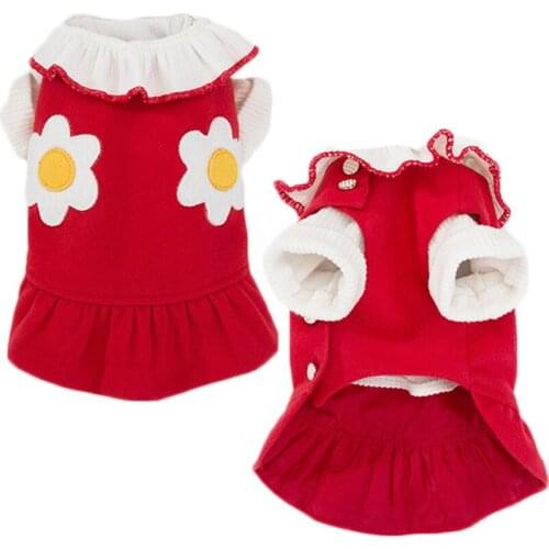 Red Dog Clothes Ruffled Lapel Pet Coat Dress Poached Egg Decor Fake 2pcs Knitted Sweater Inner Hoody Woolen Skirt Jacket Outfit