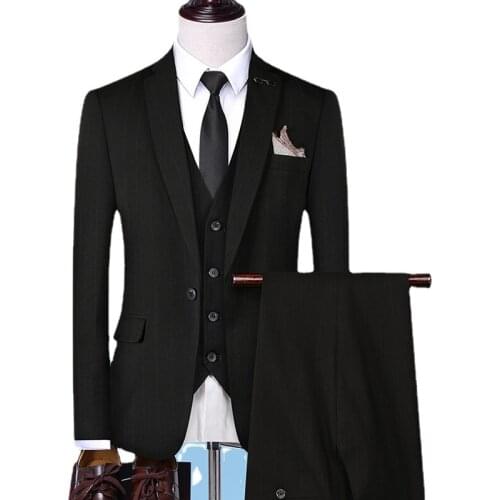 Fashion Men Business Striped Suit 3 Piece Sets Black Gray Slim Fit Tuxedo Suits Single-breasted Male Blazers and Pant with Vest