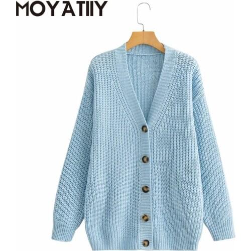 MOYATIIY Fashion Women Blue Cardigan Autumn Winter Sweaters Single-breasted Long Cardigan Female Knitted Oversized Outwear Coat