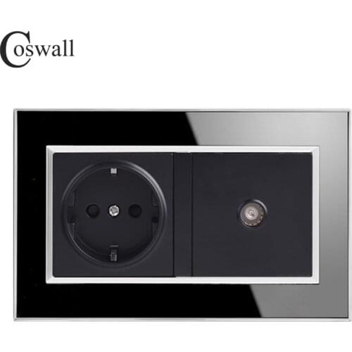 COSWALL 16A Russia Spain EU Standard Power Socket Grounded With Female TV Jack Black Acrylic Panel Wall Outlet