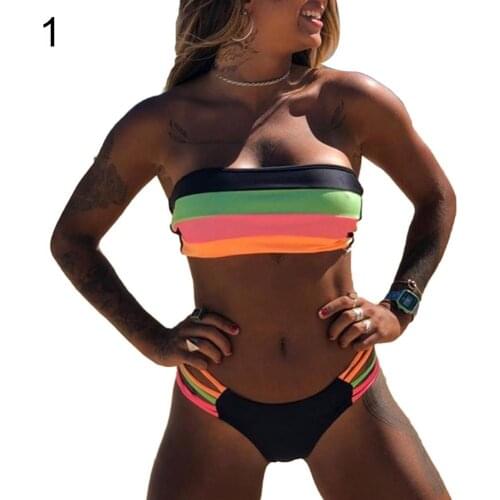 50% Hot Sale Women Padded Wireless Strapless Tube Top Stripes Patchwork Bikini Swimsuit Set 2021 New