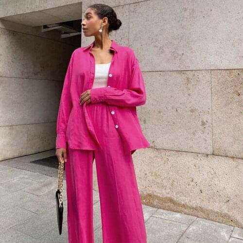 Autumn Womens Two Piece Suit Solid Color Shirt Fashion Wide Leg Pants