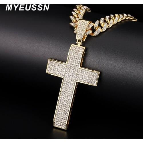 MYEUSSN Cross Pendant For Men Jewellery Christian Iced Out Big Cross Necklace Gold Color Charm Cuban Chain With Cross Women Gift