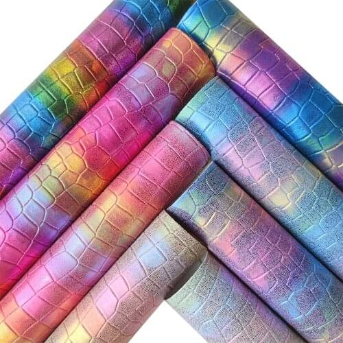 135x30cm Rainbow Color Crocodile Embossed PU Reflective Faux Leather Fabric for Making Sofa Cover/Shoe/DIY Accessories