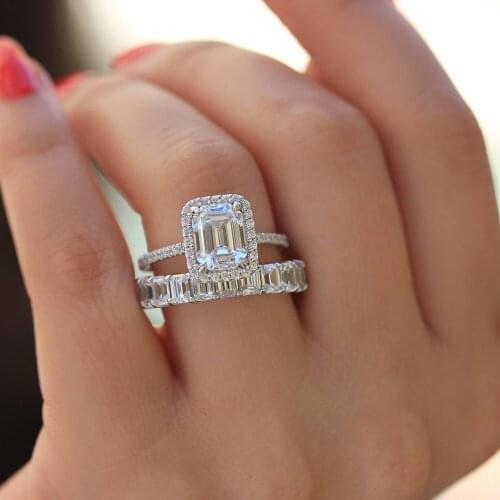 Luxury Emerald cut Simulated Diamond ring set Brand fine Jewelry Original 925 sterling Silver Engagement wedding Rings for Women