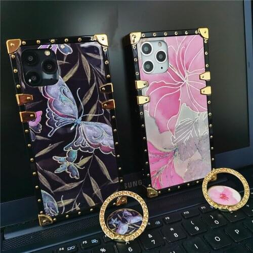 Luxury Brand Glitter Vintage Black Butterfly Flower Case for LG Stylo 5 7 Stylo5 Stylo6 K51 K61 Stylo 6 Bling Gold Square Cover