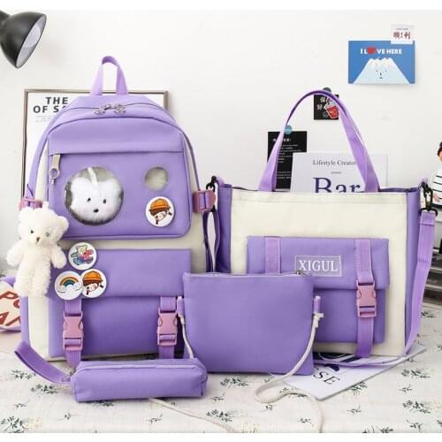 Simple 4 Piece Set School Backpack Bags for Teenage Girl 2021 Canvas Travel Backpack Women Bookbags Student Schoolbag Fashion