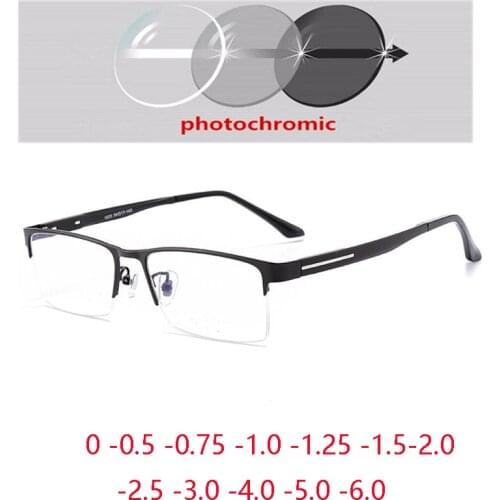 Half Frame Sun Photochromic Gray Customize Prescription Eyeglasses TR90+Metal Square Short-sight Eyewear 0 -0.5 -0.75 To -6.0