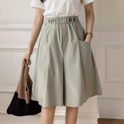 LJSXLS 2021 Summer Korean Style Pockets Wide Leg Short Pants Cotton Women Solid High Elastic Waist Shorts Skirts Female Loose