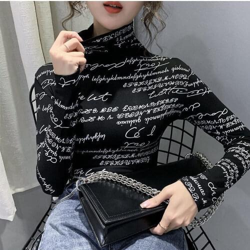 Vintage Print Tops Letter Doodle T-shirt Spring Women Highneck Long Sleeve Slim Stretchy Tee Casual Clothes