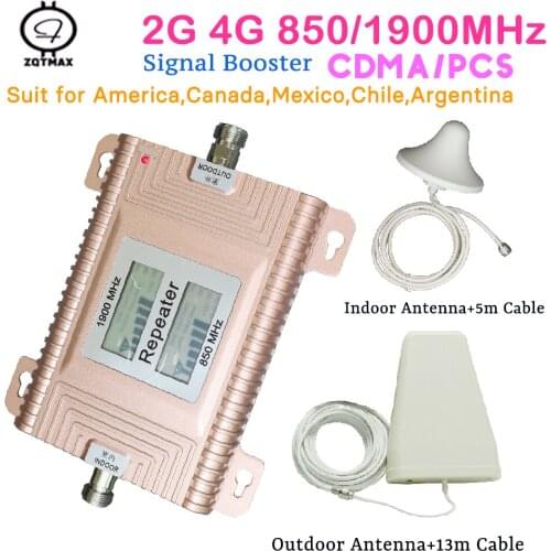 ZQTMAX 850 1900 cell phone signal booster 850Mhz 1900Mhz GSM repeater 2G 3G 4G repetidor de sinal celular for smart home set