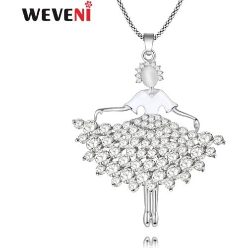 WEVENI Rhinestone Ballet Dancer Fairy Angel Necklace Long Pendant Chain Collar Fashion Accessories Statement Jewelry For Women