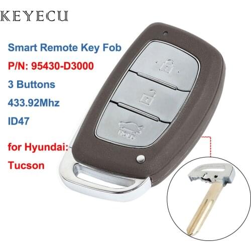 Keyecu Replacement Smart Remote Car Key Fob 3 Buttons 433.92MHz ID47 for Hyundai Tucson 2016 2017 P/N: 95430-D3000