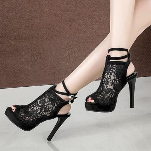 Summer Women Pumps 2021 Sexy club Roman Womens Shoes Peep-toe Ladies Sandals Lace Mesh 11cm Female Party High Heels Dress Shoes