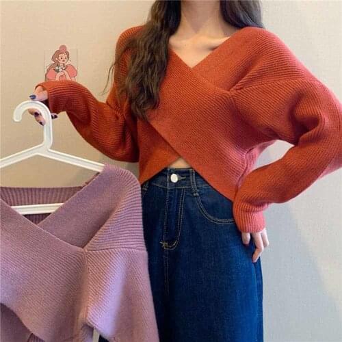 Spring Autumn Jumper Korean V Neck Long Sleeve Crop Sweaters Streetwear Fashion Slim Sueter Mujer 2021 New Chic Knitted Top