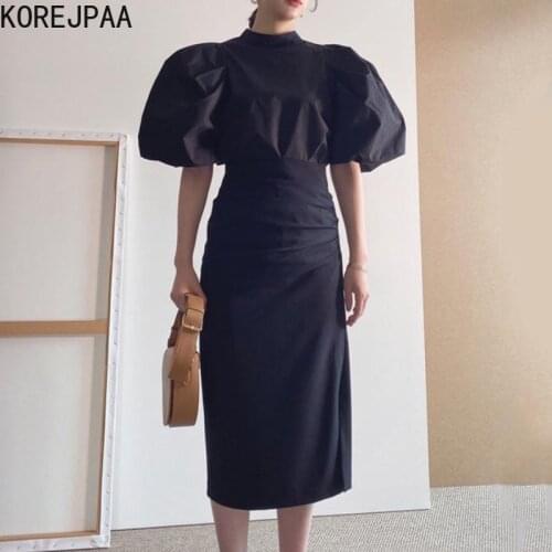 Korejpaa Women Dress Sets 2021 Summer Chic Cool Stand Collar Bubble Sleeve Shirt and High Waist Slim Pleated Split Skirt Suit