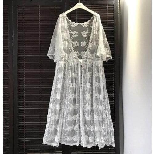 Summer Floral Crochet Lace Casual Long Cardigan Sexy White Sunscreen Shirt Womens Half Sleeve Loose Beach Coat