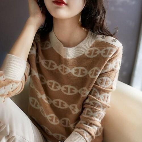 Women Chain Print Knitted Long Sleeved Sweater Casual Slimming All-match Contrast Color Top