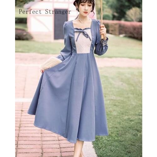 High Quality 2021 Spring New Arrival French Style Square Collar Long Sleeve Women Long Dress Blue