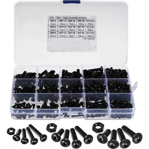440pcs M3 M4 M5 Alloy Steel Hex Socket Button Head Cap Bolts Screws Nuts Set