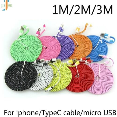500pcs 1M 2M 3M Flat Noodle Braided Fabric TypeC Type-C Usb C USB-C Micro USB 8pin Data Sync Charger Cable for IPhone Samsung