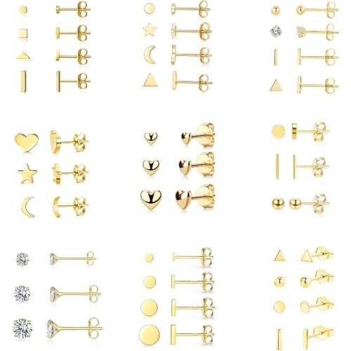 GS 925 Sterling Silver Heart Star Moon Zircon CZ Stud Earrings For Women Geometric Triangle Bar Tiny Ear Studs Set Jewelry