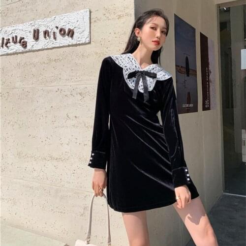 BLLOCUE 2021 Autumn New Style Black Bow Lace Patchwork Velvet Fashion Elegant Party Dress Women