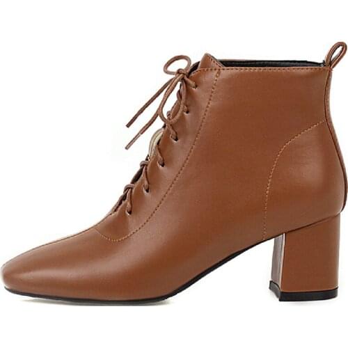 Fashion Ankle Boots For Women Shoes Medium Heels Short Boots Lace-up Womens Ankle Boots Beige Brown Black Shoe Large size 45 46