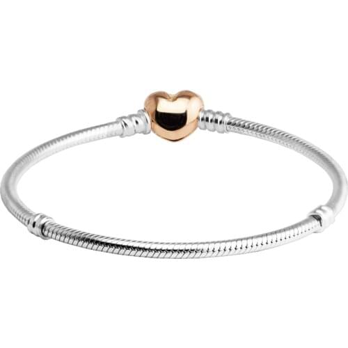 Rose Gold Heart Clasp Sterling Silver Bracelet Fit Charms & Beads DIY original 925 Silver Charms Bracelets For Woman