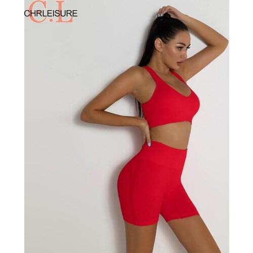 CHRLEISURE Ribbed Sports Women Tracksuit Fitness 2 Pieces Set Female Gym Summer Short Sets Push Bra High Waist Shorts Seamless