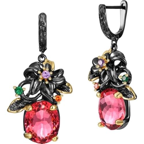 Elegant Baroque Earrings Big Fuchsia Zircon Flower Gun Black AND Gold Color Women Fashion Jewelry Gift