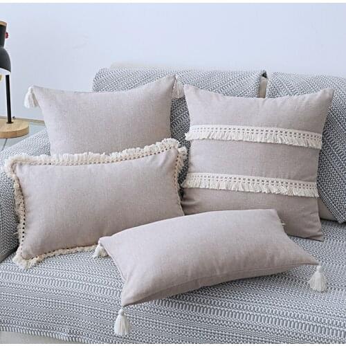 J Cotton Linen Cushion Cover 30x50cm/45x45cm Pillow Cover Beige Grey Blue Yellow Boho Style Tassles for Sofa BedHome Decorative
