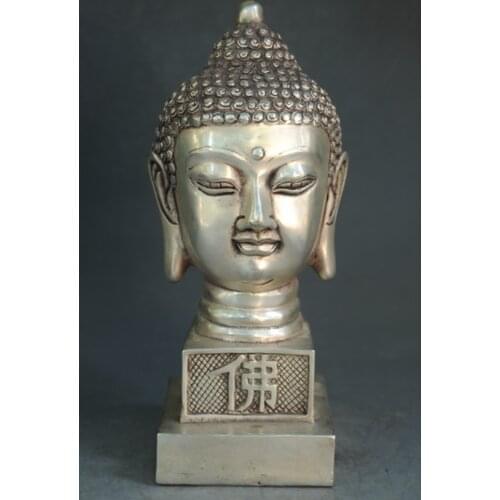 China Old Tibetan silver buddhism sakyamuni buddha head Statue Seal