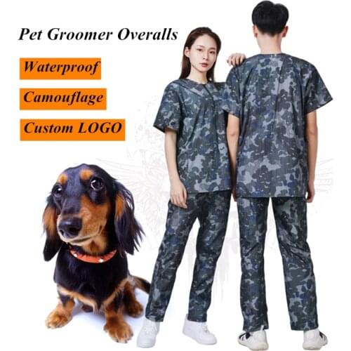 Pet Shop Groomer Overalls Camouflage Waterproof Work Clothes Suit Anti-static Cloth Hair Beauty Salon Apron Custom LOGO G1004