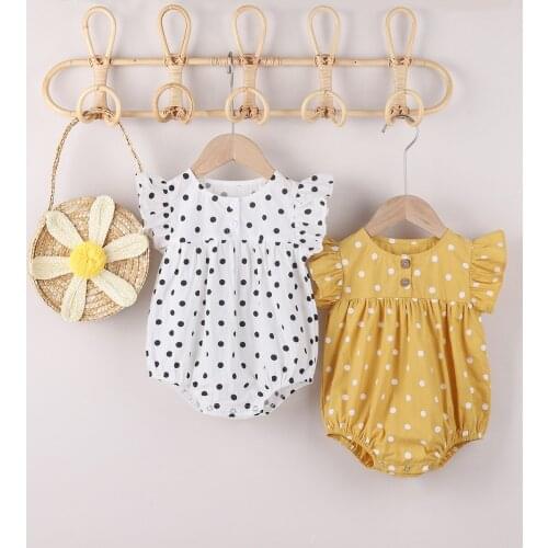 Newborn Baby Girls Bodysuits Fashion Dot Print White Rompers Playsuits Short Sleeve Ruffles Jumpsuit Clothes for Girl 0-24M
