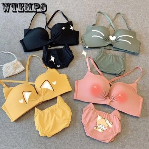 Kawaii Girl Bra Underwear Set Sexy Cute Cat Solid Push Up Bras Wireless Soft Lingerie Panty Schoolgirl Sexy Gathered Bralette