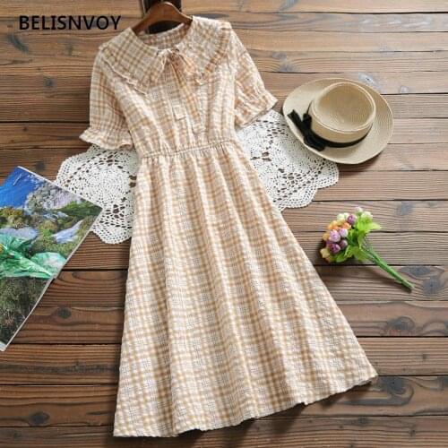 Japanese Mori Girl Summer Women Cute Dress Ribbon Bow Peter Pan Collar Pink Yellow Plaid Midi Dress Flare Sleeve Kawaii Dresses